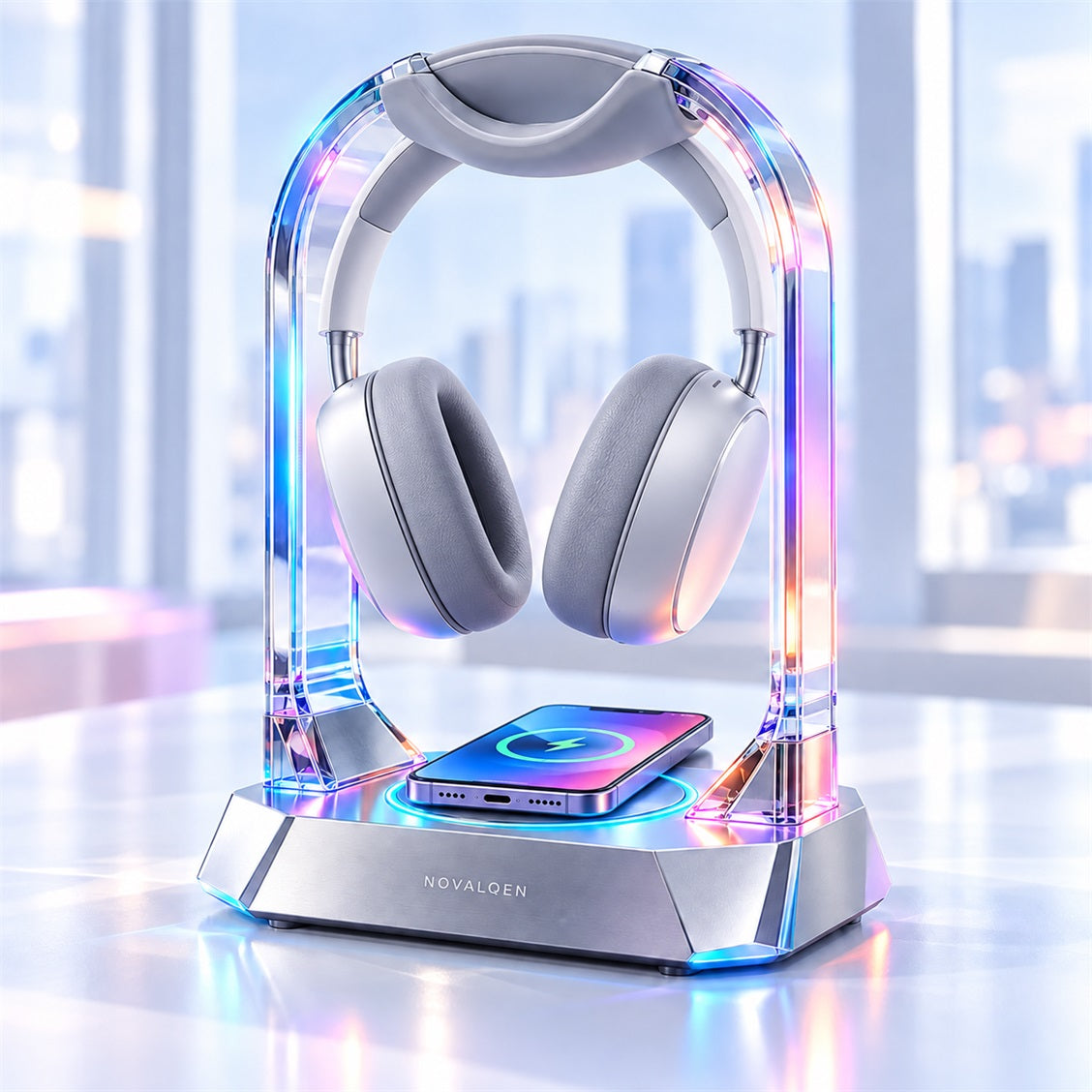 Novalqen arch stand displaying headphones and a phone