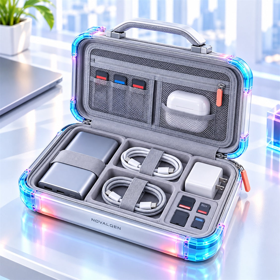 Novalqen tech organizer case open with divided compartments