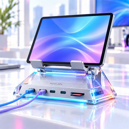 Novalqen desktop hub holding a tablet with connected cables
